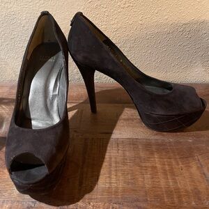 Stuart Weitzman Brown Suede Platform Peep-Toe Heels, Women’s Size 9.5